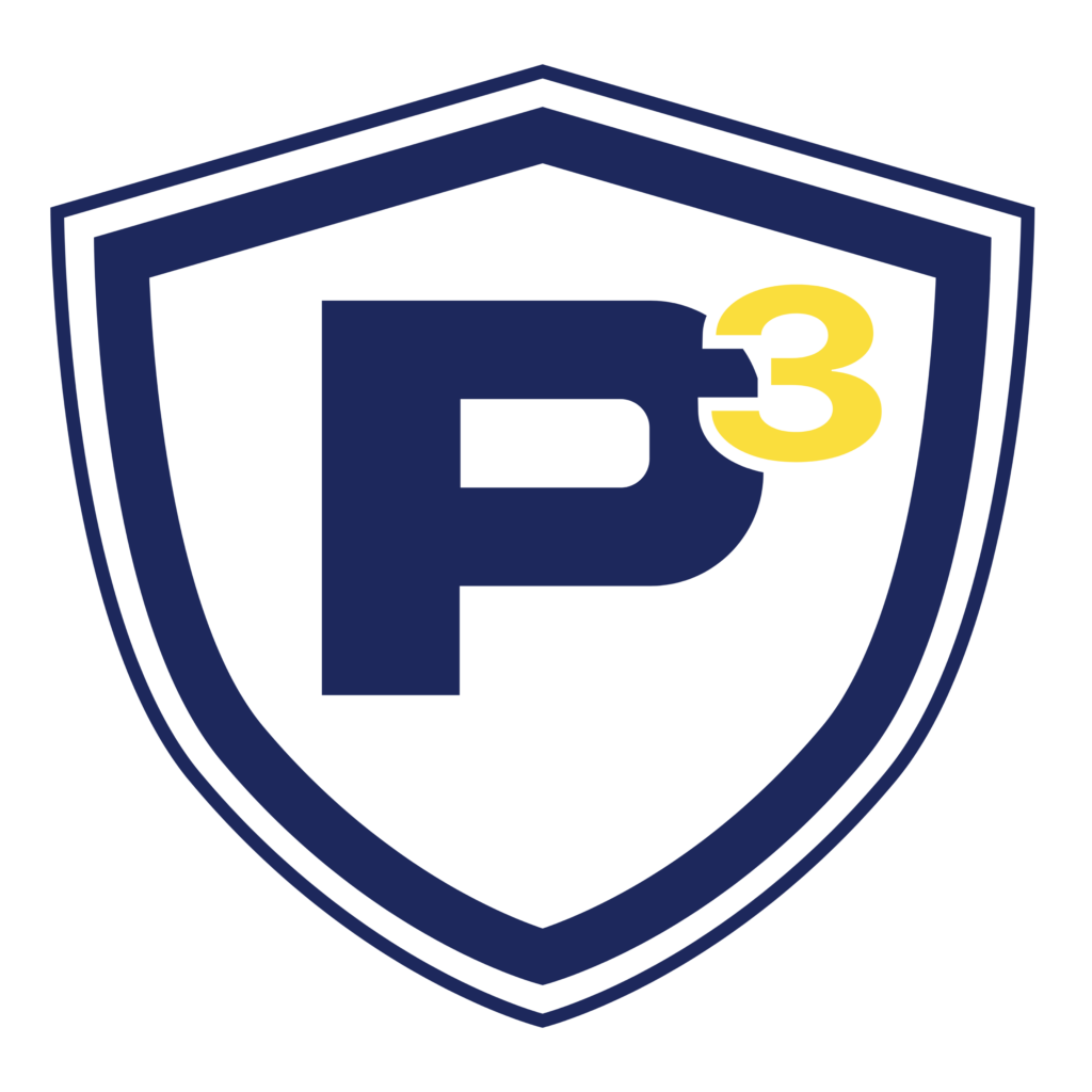A dark blue shield with a white outline features a bold “P” and a yellow “3” in the center.