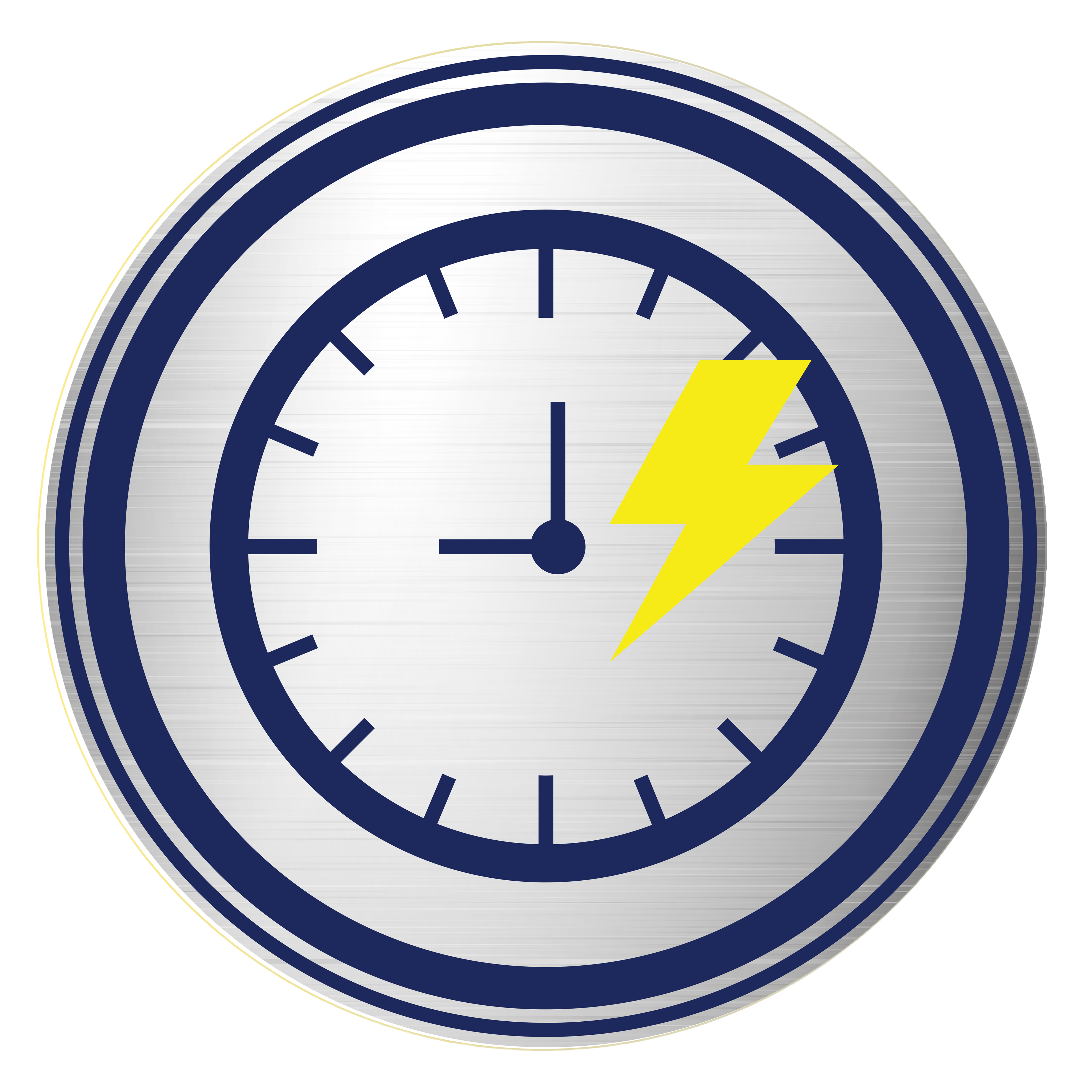 Platinum Plumbing Protection 2 A clock icon with blue markings and hands, featuring a yellow lightning bolt overlay on the right side, on a silver circular background.